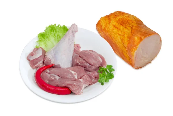 Ongekookt kalkoenvlees en gekookte ham met kalkoenen — Stockfoto