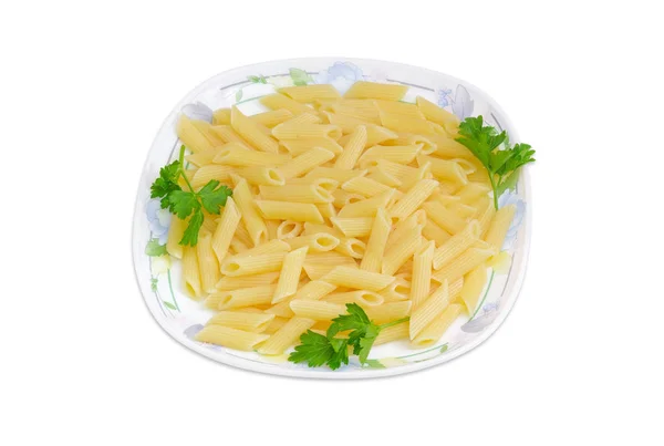 Cooked cylinder-shaped pasta with parsley twigs on a dish — Stock Photo, Image