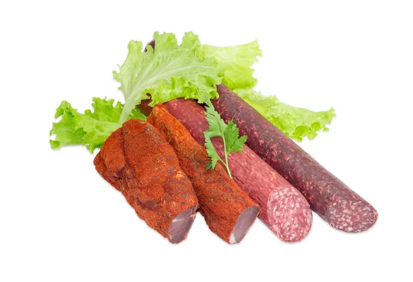 Lombo de porco seco e duas variedades diferentes de salsichas — Fotografia de Stock