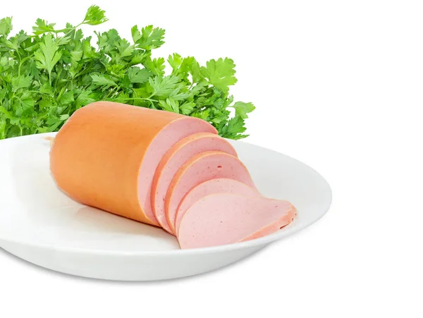 Partially sliced boiled sausage on the white dish — Stock Photo, Image