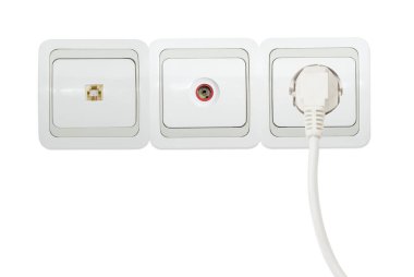 White domestic telephone socket, TV aerial socket and power socket clipart