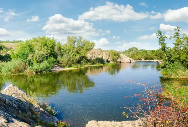 River rock mostraları ve onun kıyısında ağaçları ile — Stok fotoğraf