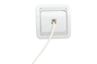 White domestic telephone socket with connected corresponding telephone cable  clipart