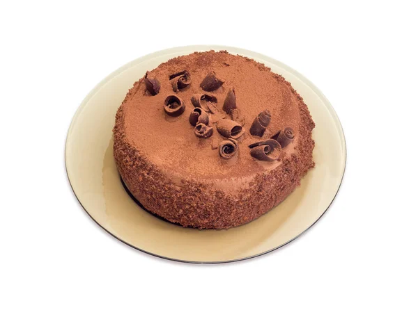 Bolo de chocolate redondo inteiro no prato de vidro — Fotografia de Stock