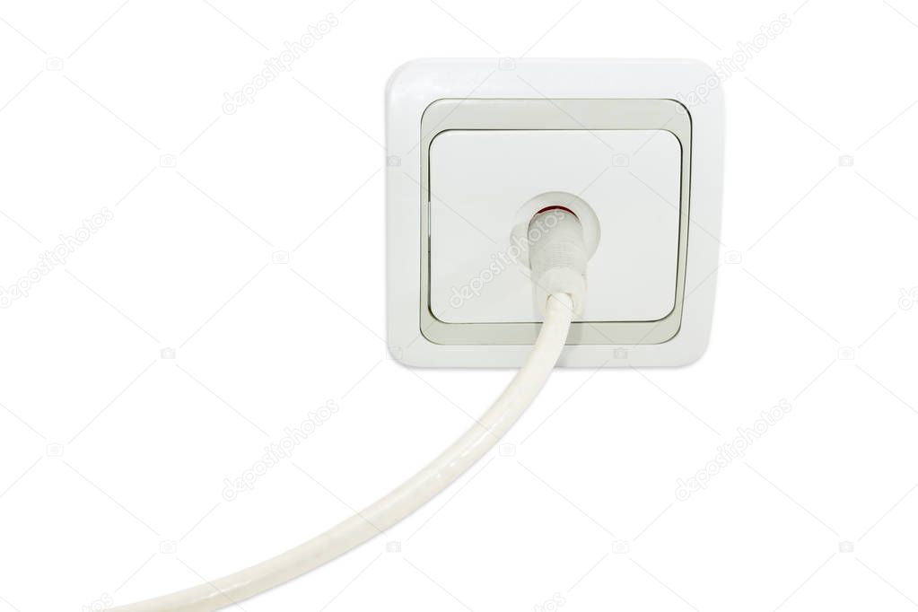 White domestic TV aerial socket with connected corresponding coaxial cable 