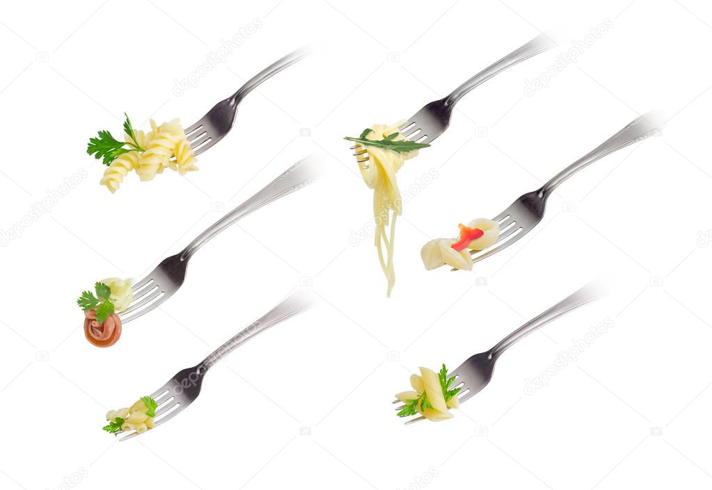 Set of images of the various cooked pasta on fork