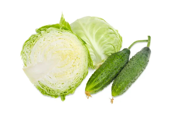 White cabbage cut in half and two cucumbers — Stock Photo, Image