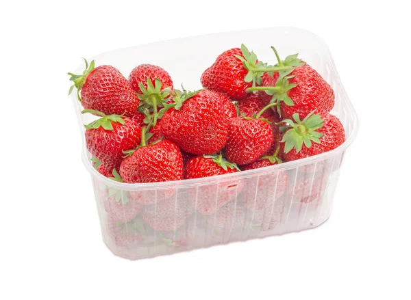 Garden strawberries in the plastic container — Stock Photo, Image