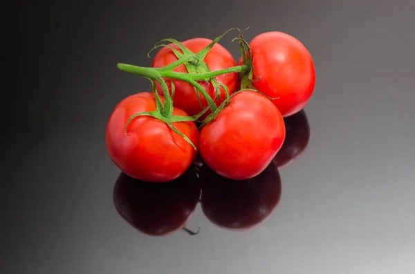 Větev červených rajčat na tmavé odrazné plochy — Stock fotografie