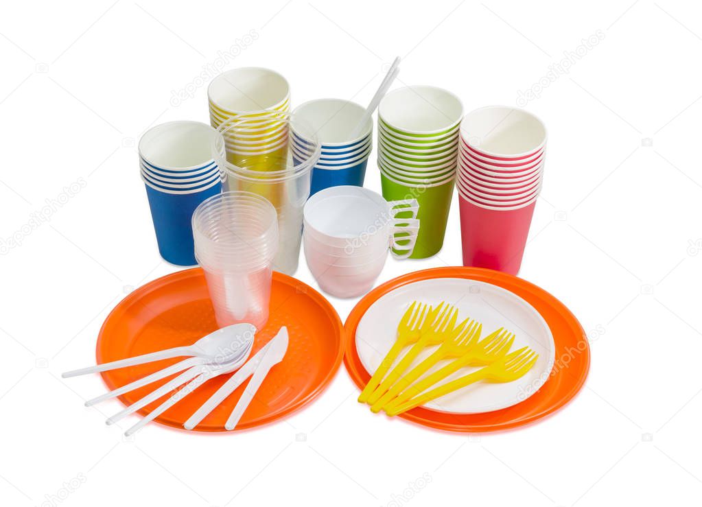 Paper and plastic disposable cutlery on a light background
