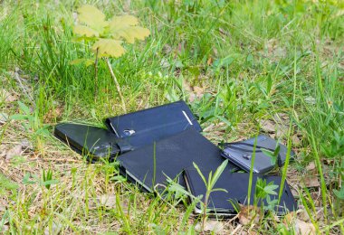 Çeşitli smartphones içinde çim arasında farklı kapak 