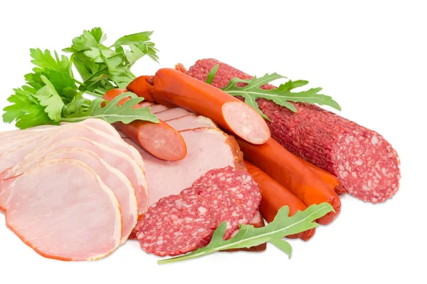 豚ロース肉、ハム、サラミ、ハンティング ソーセージ、野菜添え — ストック写真