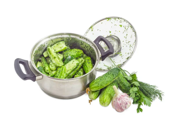 Lightly salted cucumbers in a saucepot and potherbs — Stock Photo, Image