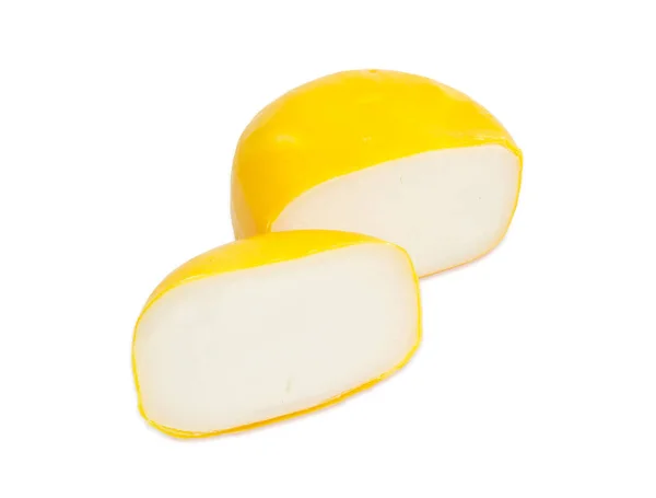 Rueda pequeña del queso de cabra cortada en dos partes — Foto de Stock