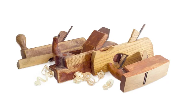 Several old wooden hand planes different purposes — Stock Photo, Image