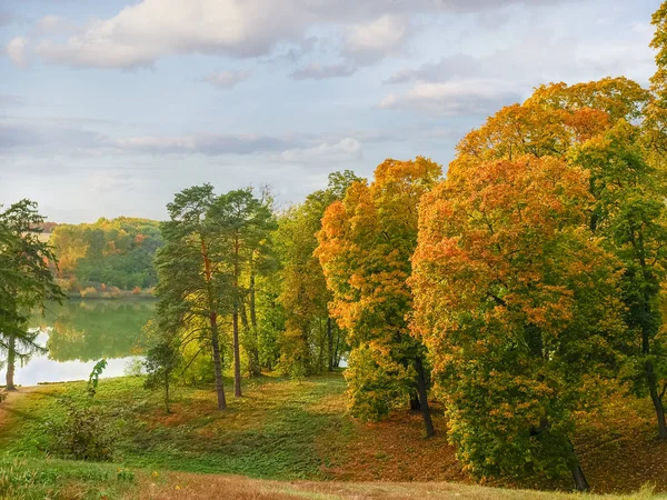 Glade in herfst park op een heuvel in de buurt van de vijver — Stockfoto