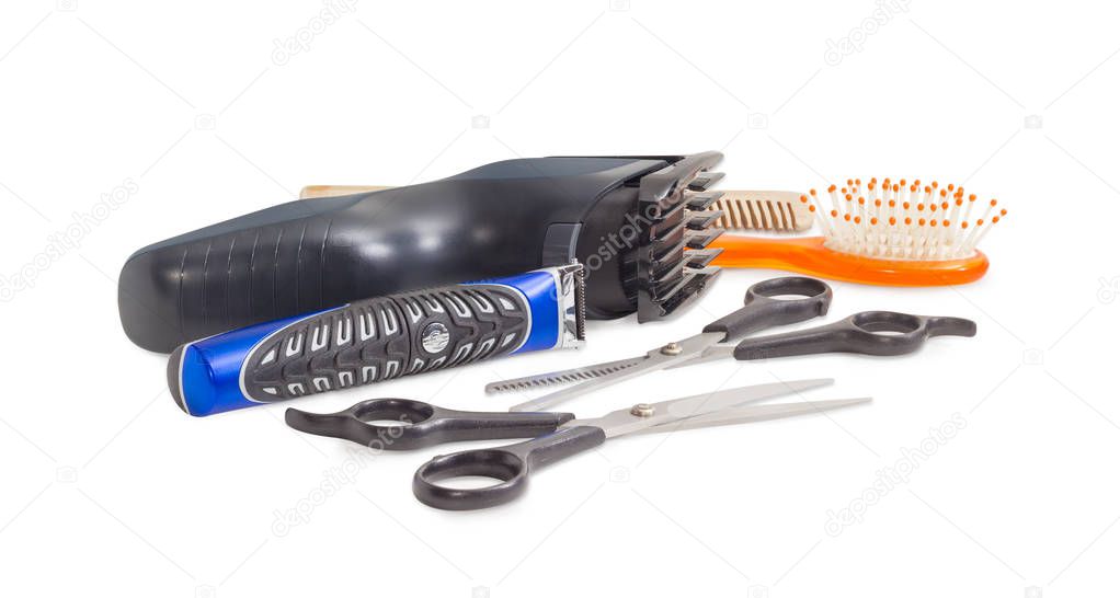 Several hairdressing tools on a white background