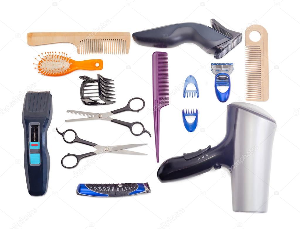 Set of hairdressing tools on a white background