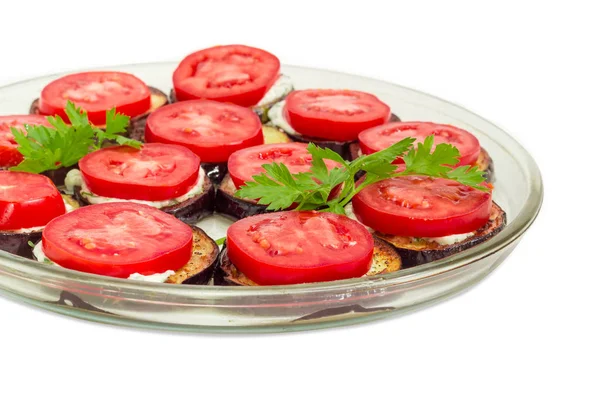 Dobré ráno, kroužky smažené lilky s rajčaty detailním — Stock fotografie