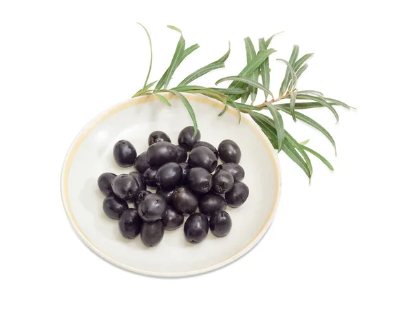 Aceitunas negras sobre platillo y rama de olivo — Foto de Stock