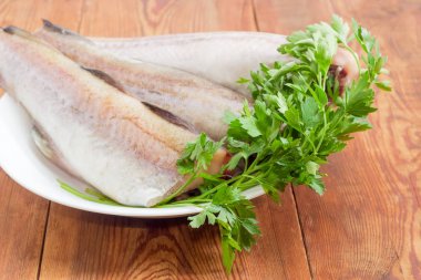 Maydanoz closeup ile Alaska pollock pişmemiş mürekkep