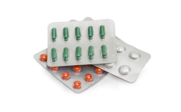 Tre blisterförpackningar med olika mediciner — Stockfoto