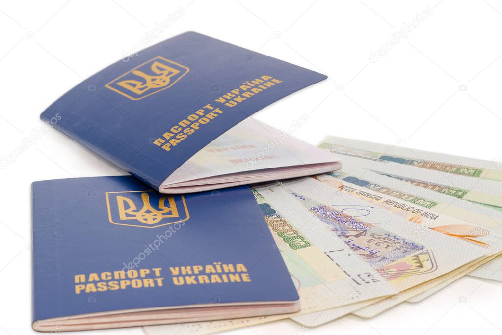 Two Ukrainian passports on the travel visas closeup