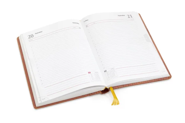 Open business diary with brown cover — Stock Photo, Image