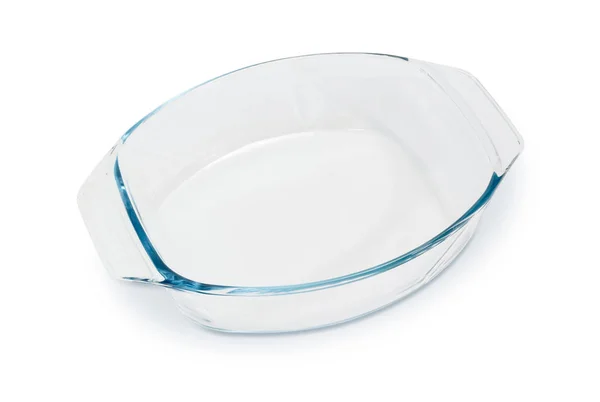 Empty glass casserole pan on a white background — Stock Photo, Image