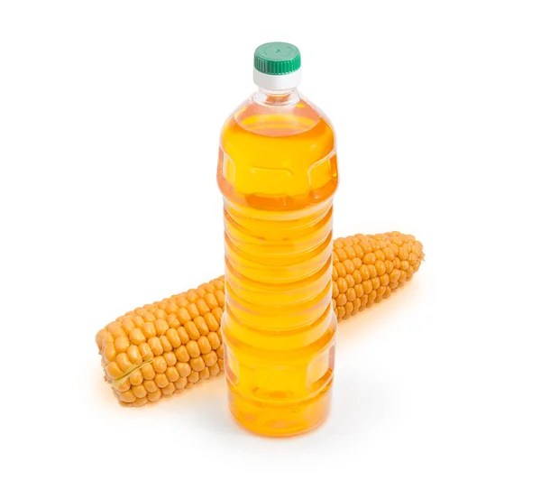 Botella de aceite de maíz y espiga de maíz — Foto de Stock
