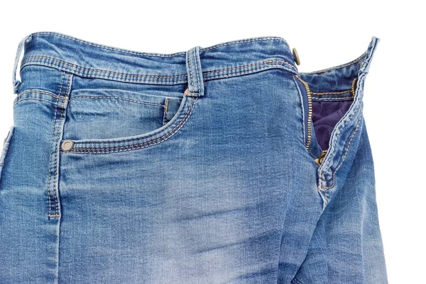 Fragment of the blue jeans on a white background — Stock Photo, Image