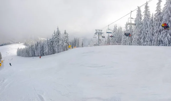 Skihang und Sessellift im Fichtenwald im Skigebiet — Stockfoto