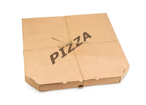 Pizza krabice, převázaná provázkem na bílém pozadí — Stock fotografie