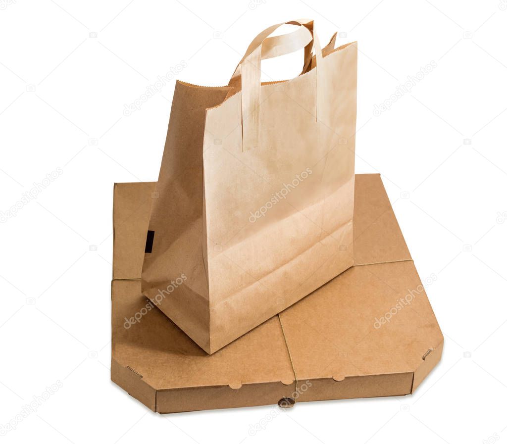 Paper bag for food delivery and pizza box 