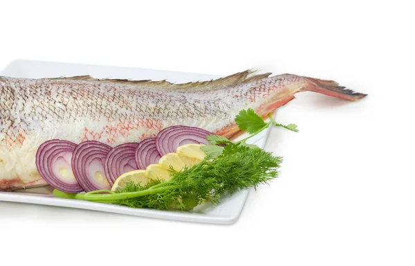 Uncooked red cod with sliced lemon and red onion closeup — Stock Photo, Image
