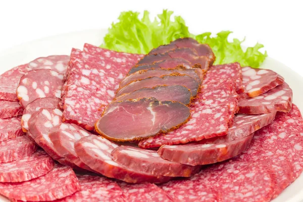 Sliced different salami and other meat products closeup — Stock Photo, Image