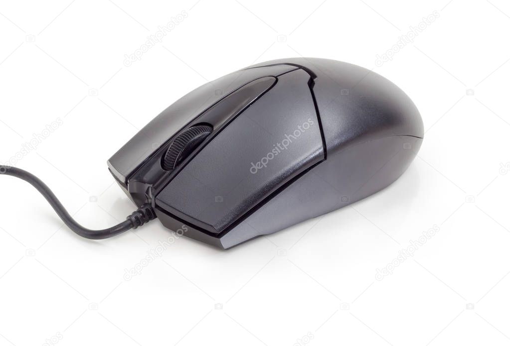 Black cabled computer mouse with two buttons and scroll wheel