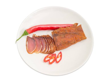 Kısmen tedavi domuz eti bonfile ve biber dilimlenmiş