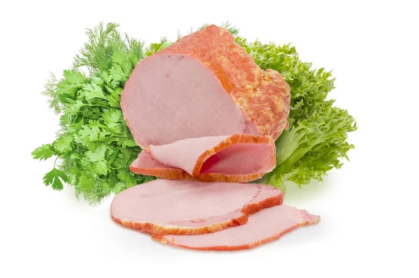 Partly sliced smoked ham against of a different greens — Stock Photo, Image