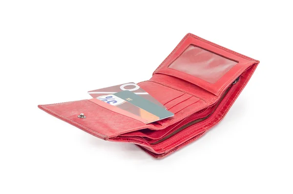 Discount cards in open red leather wallet