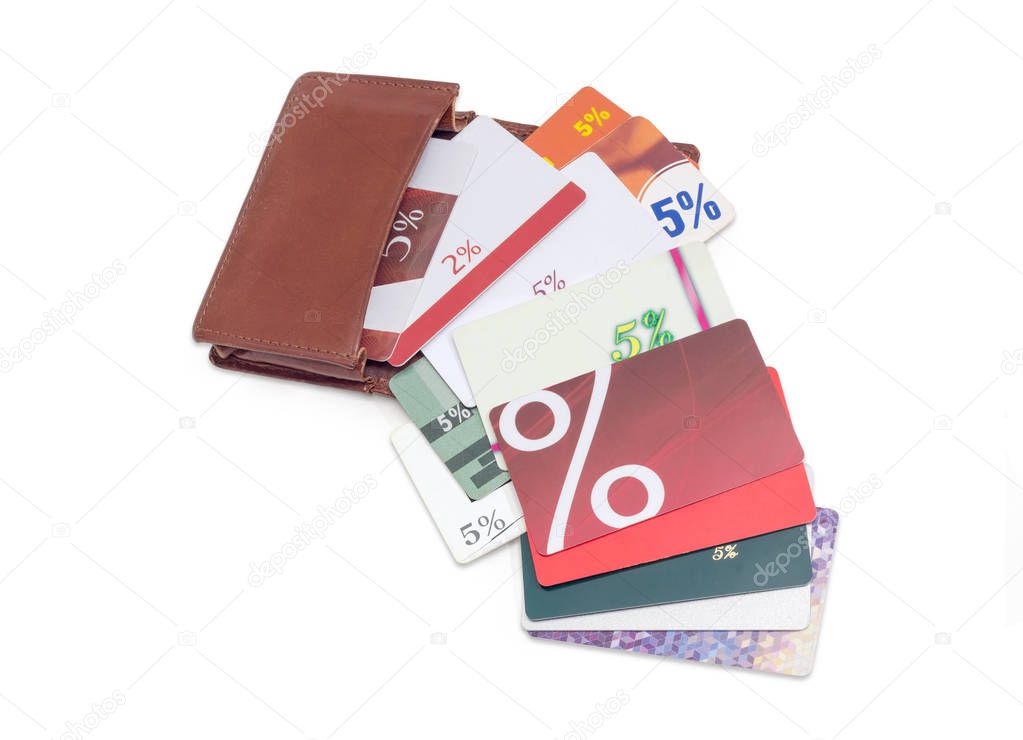 Discount and credit cards in brown leather wallet