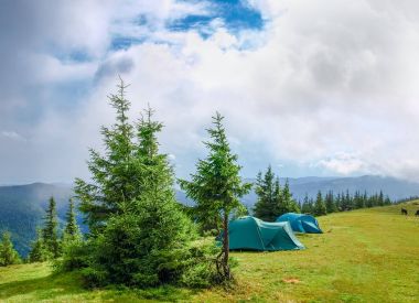 Dağ glade ve Karpatlar yağmur sonra iki hiking çadır