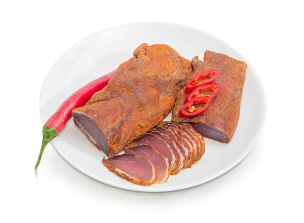 Kısmen tedavi domuz eti bonfile ve biber dilimlenmiş — Stok fotoğraf