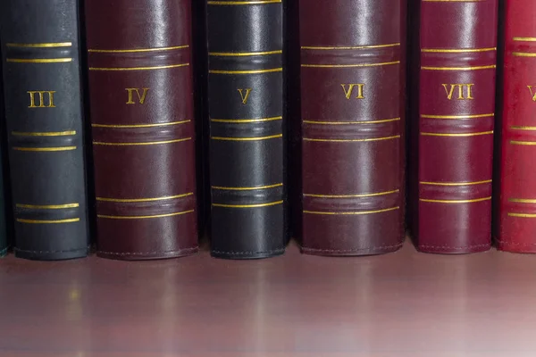 Book spines of old leather-bound tomes on the shelf — Stock Photo, Image