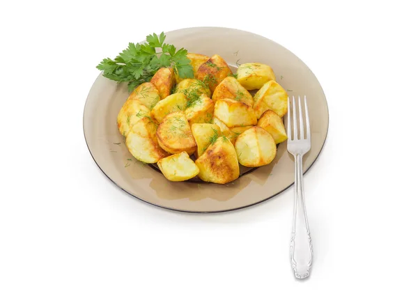 Patatas fritas en plato de vidrio oscuro y tenedor — Foto de Stock