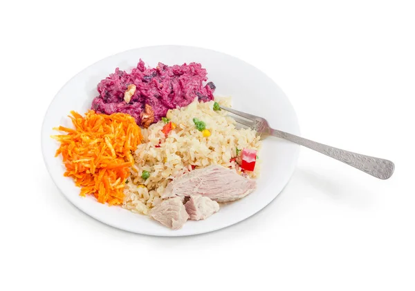 Boiled rice with vegetables salads and boiled meat — Stock Photo, Image