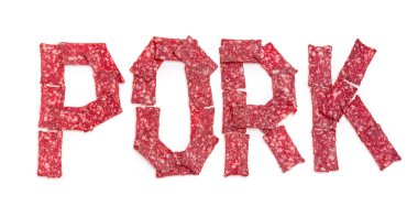 Beyaz arka plan üzerinde sosis dilimleri ile Word domuz düzenlendiği