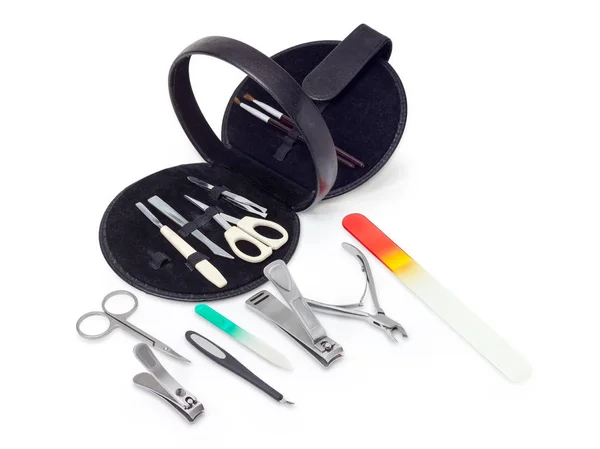 Manicure set in case and different tools for nail care — Stock Photo, Image