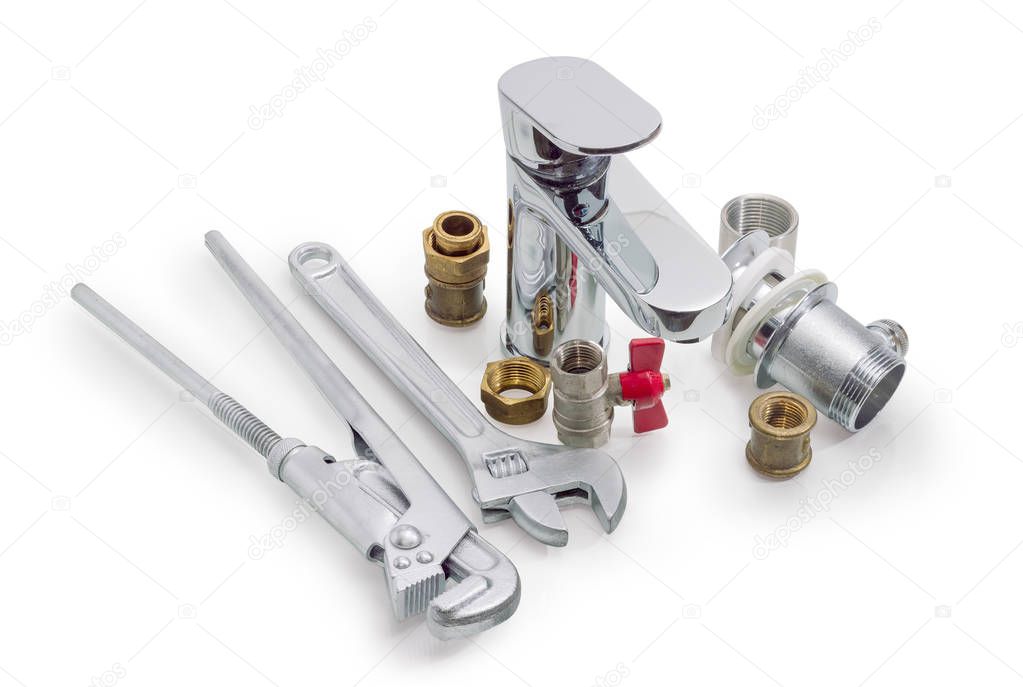 Handle mixer tap, plumbing components, plumber wrench and adjustable wrench 