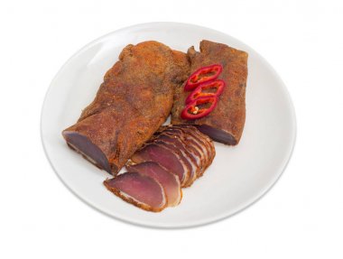 Kısmen tedavi domuz eti bonfile ve biber dilimlenmiş